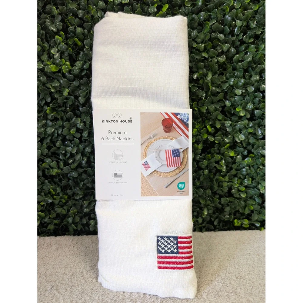 ALDI Kirkton House 6 Pack Napkins White American Flag Embroidered 17x17 NEW